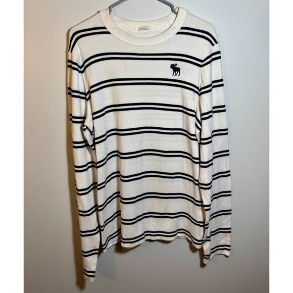 Abercrombie & Fitch Men’s Long Sleeve Striped Crewneck Shirt White Navy Muscle F - Picture 1 of 5